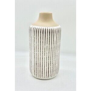 Tan White Striped Stoneware Ceramic Vase